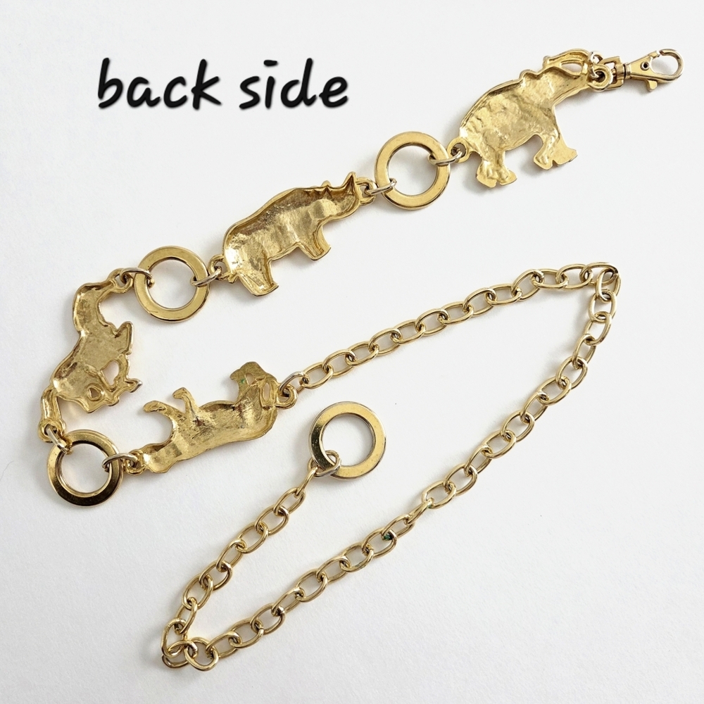 Vintage 80s Gold Tone Metal Animals / Elephant Zebra Rhino Cheetah / Chain Belt - Picture 5 of 10